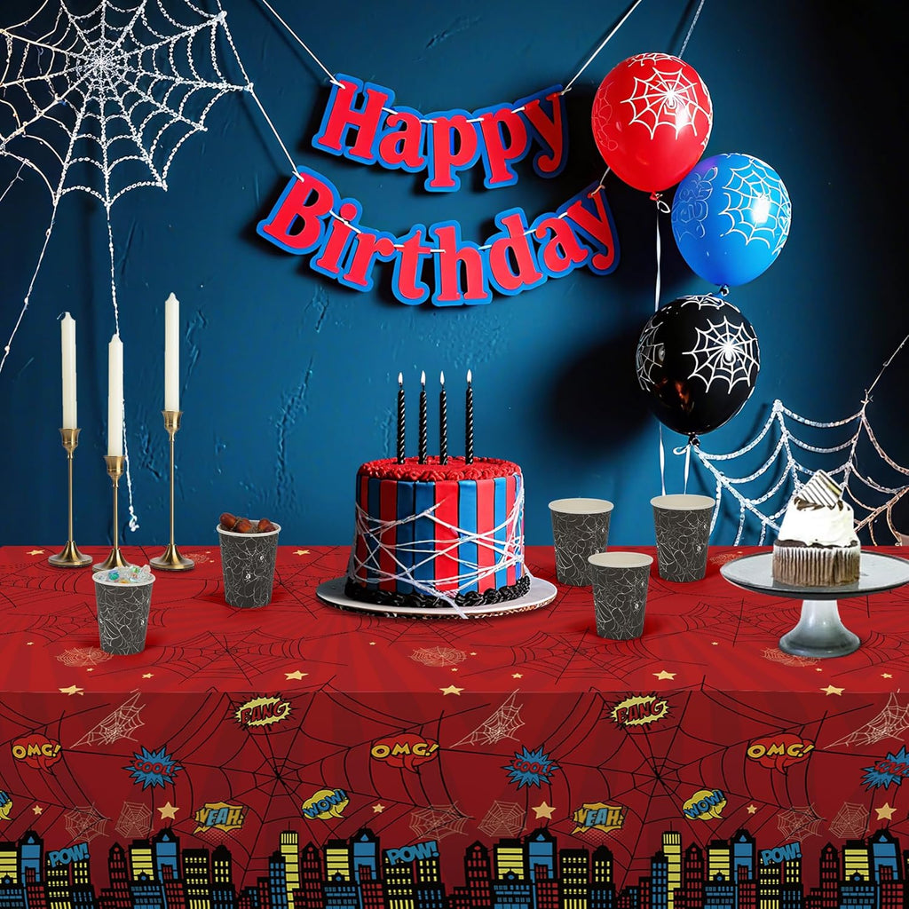 ATFUNSHOP Spider Superhero Disposable Tablecloth - Birthday Decorations Supplies with Spider Web Design, Happy Birthday Table Cover for Kids Boys Man Party Decor, Decoración de Cumpleaños