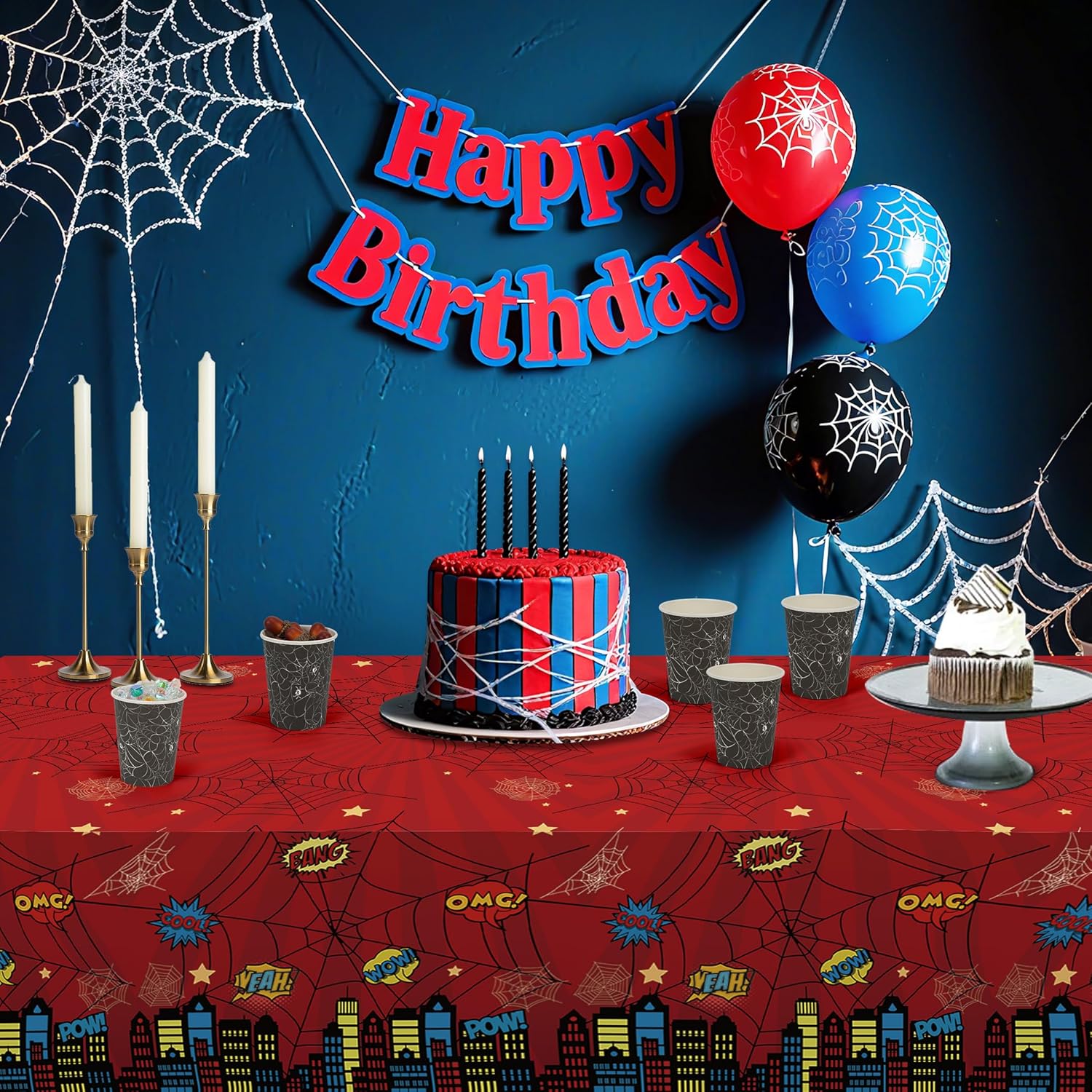 ATFUNSHOP Spider Superhero Disposable Tablecloth - Birthday Decorations Supplies with Spider Web Design, Happy Birthday Table Cover for Kids Boys Man Party Decor, Decoración de Cumpleaños