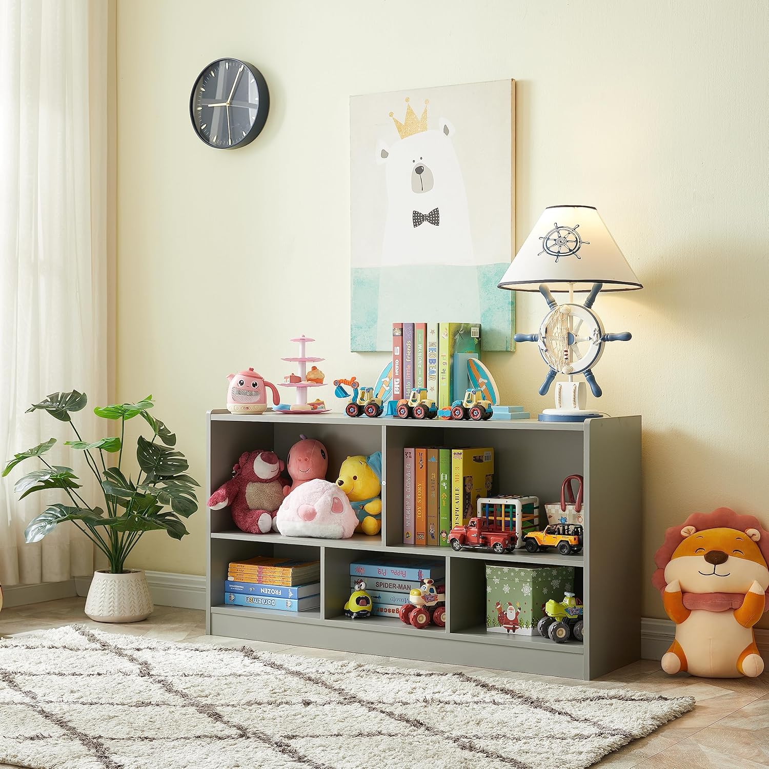 Toy Organizers and Storage, 5-Section Kids Bookshelf for Organizing Books Toys, School Classroom Wooden Storage Cabinet for Children's Room, Playroom, Nursery (Grey)