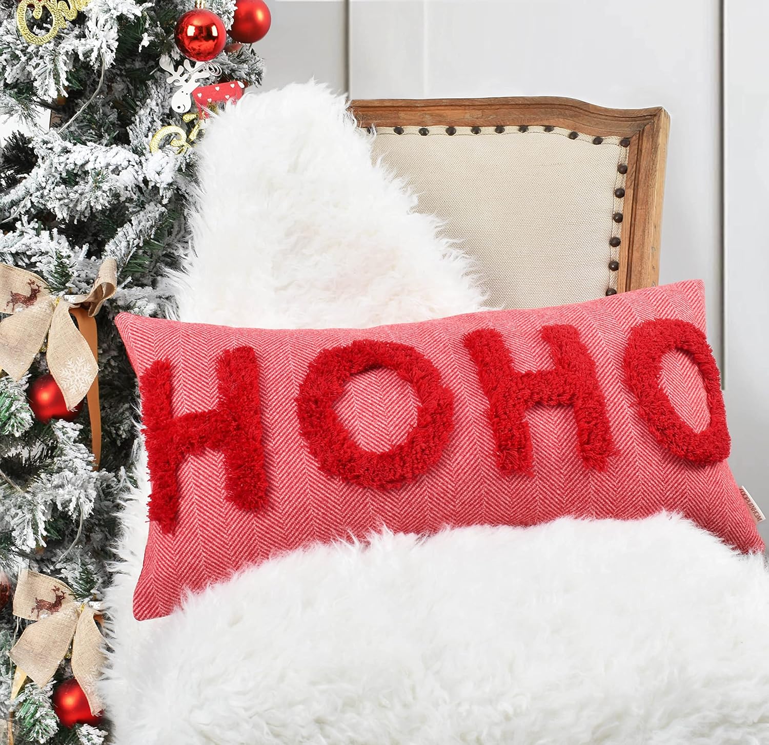 HOHOHO Red Christmas Pillow Covers Christmas Decorations Rectangle Lumbar Waist Throw Pillow Covers for Couch Sofa Bed Living Room 12X24 Inches