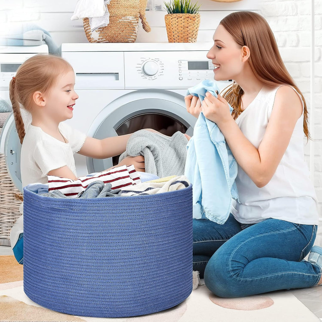 Ravinte Blanket Basket - 20"x 20"x 13" Cotton Rope Basket for Living Room, Baby Toy Storage Basket, Large Woven Laundry Basket (Blue)