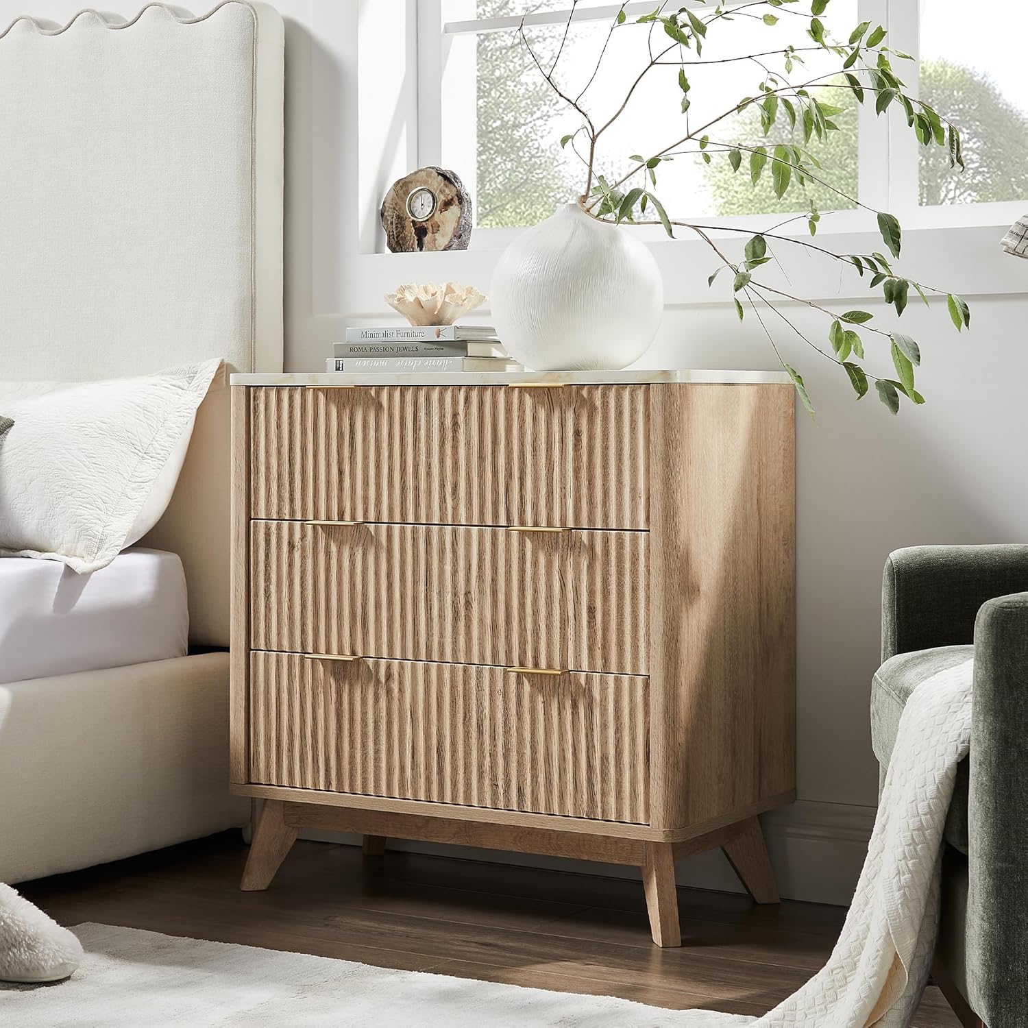 T4TREAM 32" Tall Fluted Nightstand Set of 2, Modern Side Table with Faux Marble Top, 3 Drawers End Table w/Storage, Bedside Table for Bedroom, Living Room, Curved Profile Design, Natural Oak