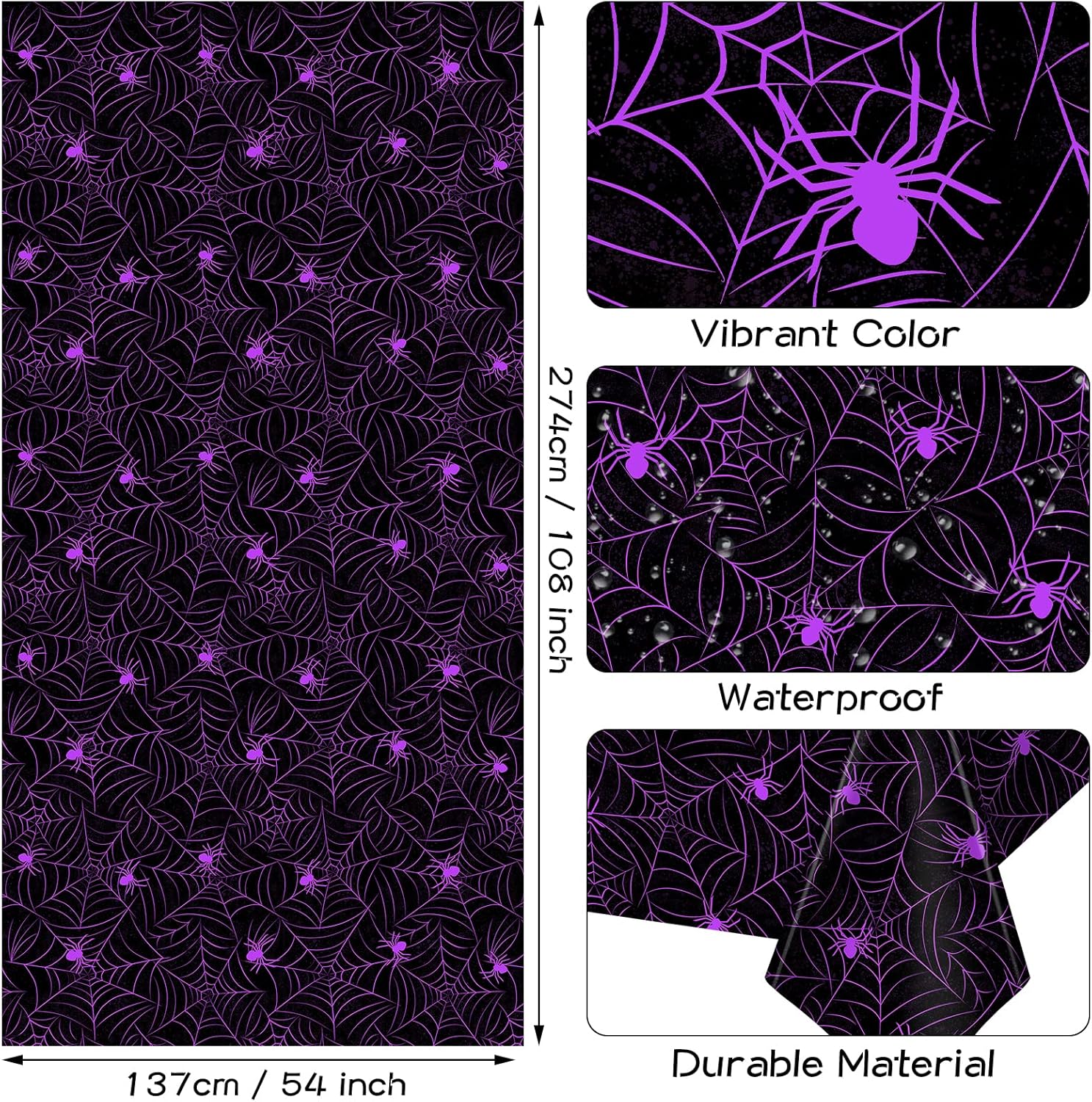 TREWAVE 3 Pack Halloween Spiderweb Tablecloth Rectangular Plastic Spider Web Table Cloth Large Size Table Covers for Home Decor Halloween Party Decorations 54" x 108" (Purple Spider)