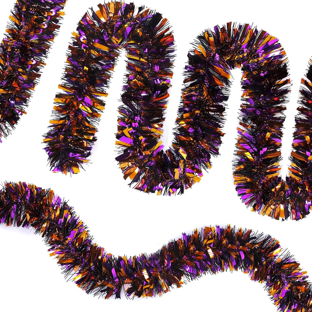 SAOROPEB 4 Pieces 26.4 Ft Halloween Tinsel Garland Metallic Shiny Twist Garland Hanging Decorations for Halloween Party Indoor and Outdoor Decor - Black Orange and Purple