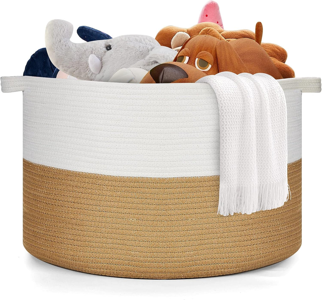 Ravinte Blanket Basket - 20"x 20"x 13" Cotton Rope Basket for Living Room, Baby Toy Storage Basket, Large Woven Laundry Basket (White -Brown)