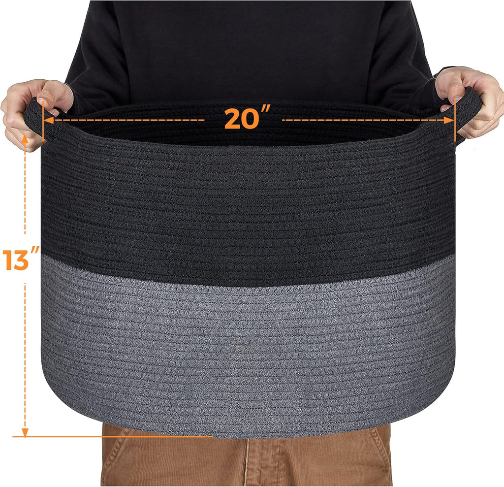 Ravinte Blanket Basket - 20"x 20"x 13" Cotton Rope Basket for Living Room, Baby Toy Storage Basket, Large Woven Laundry Basket (Black-Gray)