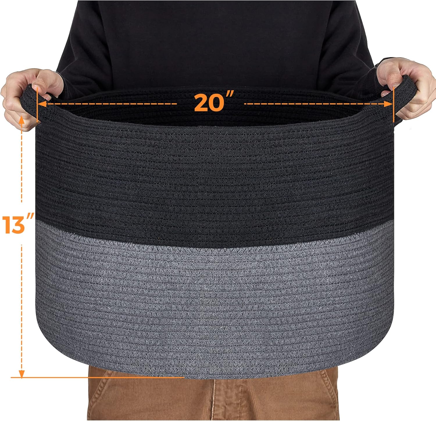 Ravinte Blanket Basket - 20"x 20"x 13" Cotton Rope Basket for Living Room, Baby Toy Storage Basket, Large Woven Laundry Basket (Black-Gray)