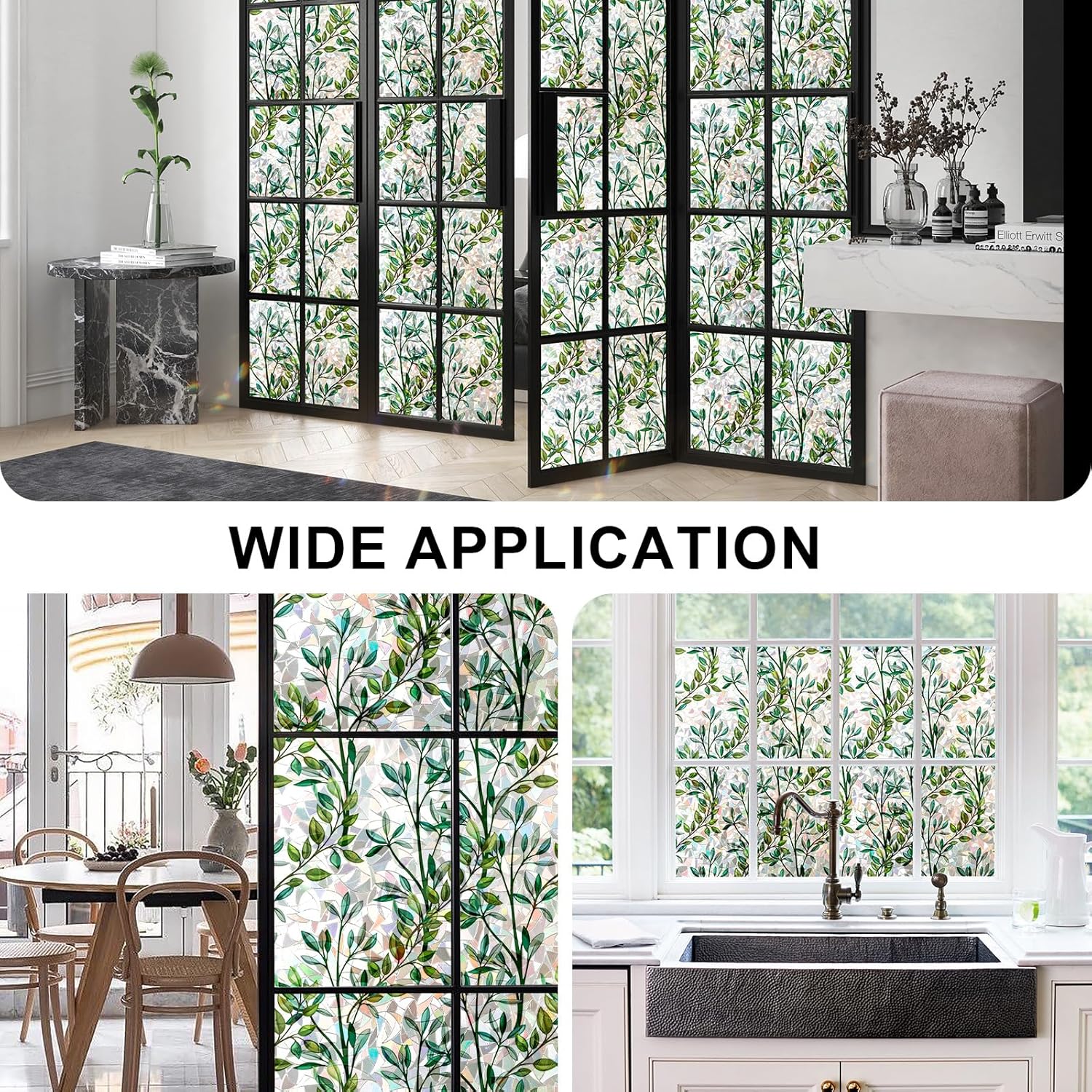 Rainbow Window Privacy Film 3D Leaf Decorative Stained Glass Window Film Anti UV Non-Adhesive Reusable 23.6" x 78.7" for Home Room Car Glass Cling