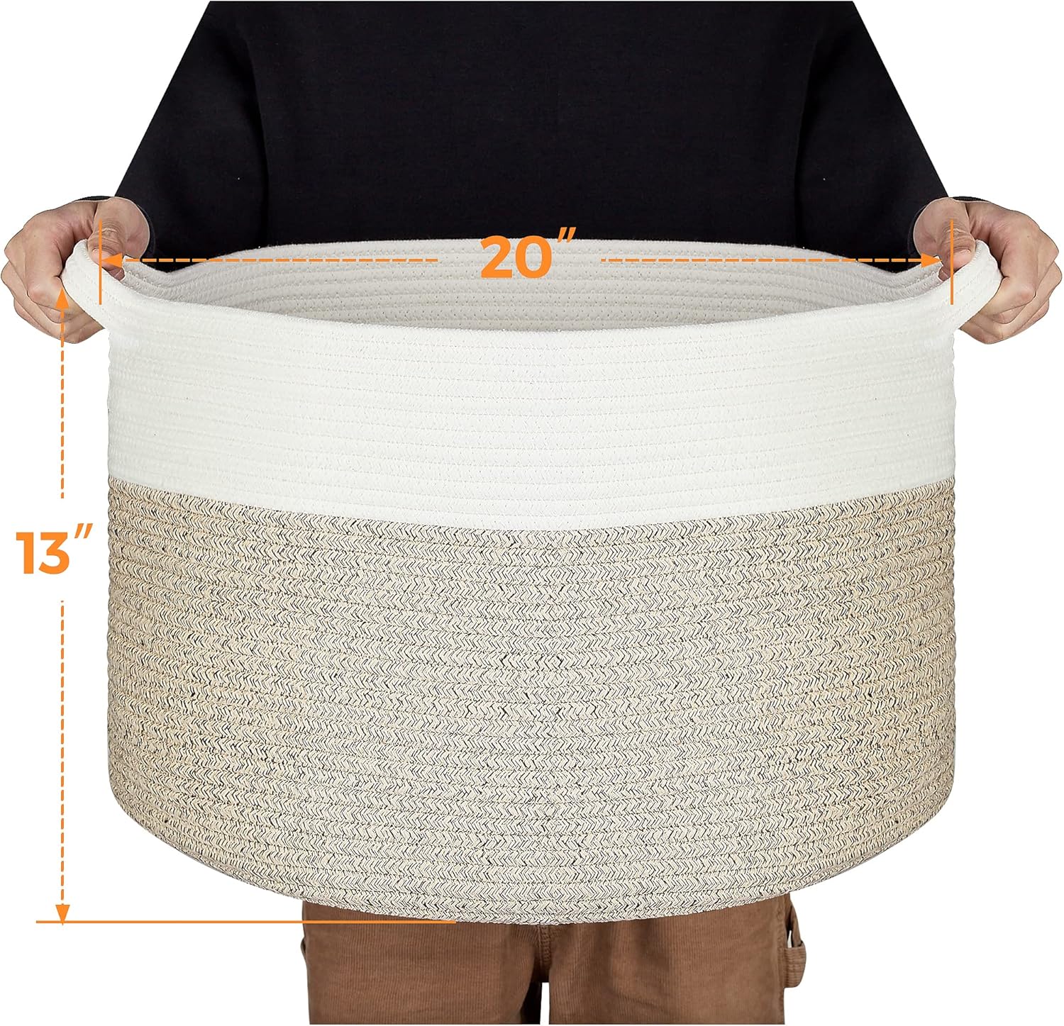 Ravinte Blanket Basket - 20"x 20"x 13" Cotton Rope Basket for Living Room, Baby Toy Storage Basket, Large Woven Laundry Basket (White-Light Brown)