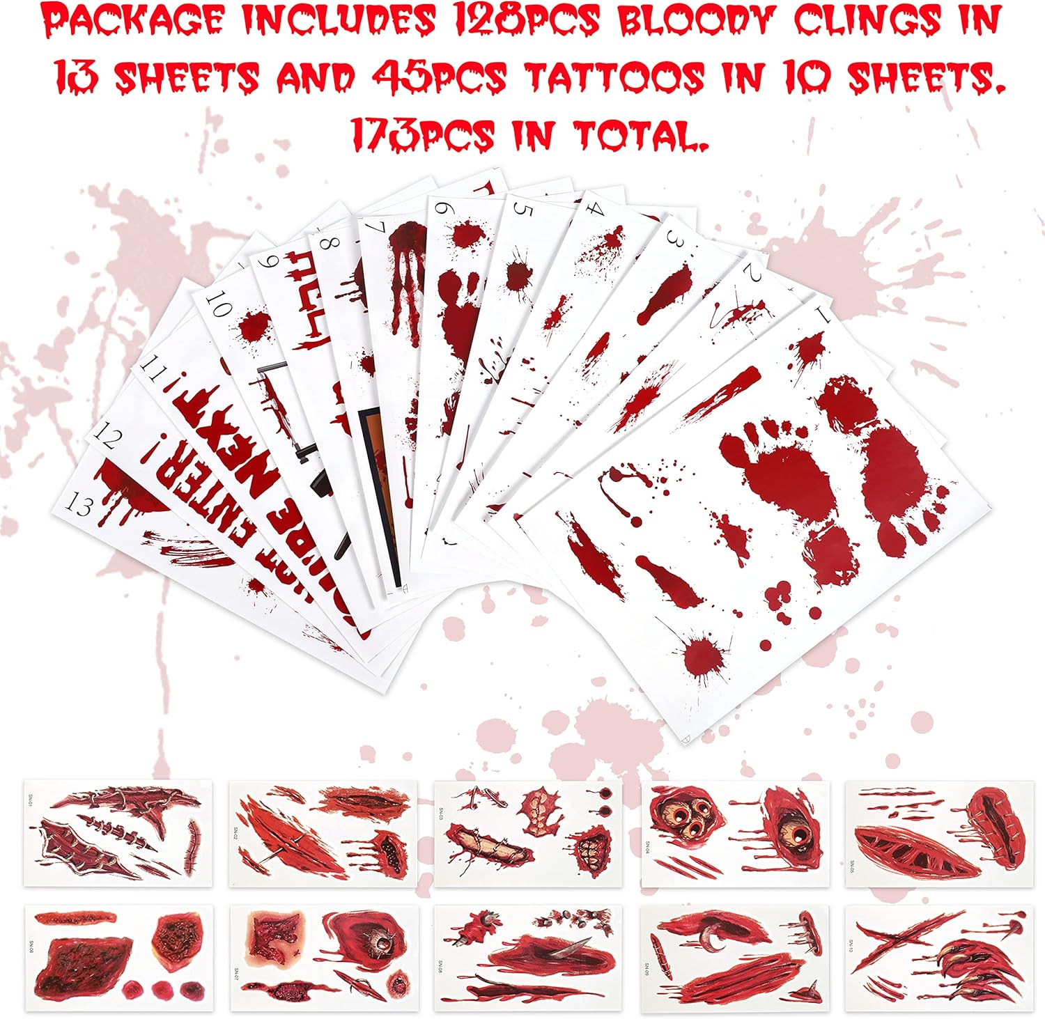 173PCS Halloween Bloody Footprints Floor Clings Plus Tattoos - Hallowmas Handprint Zombie Restroom Sign Decals Party Decorations