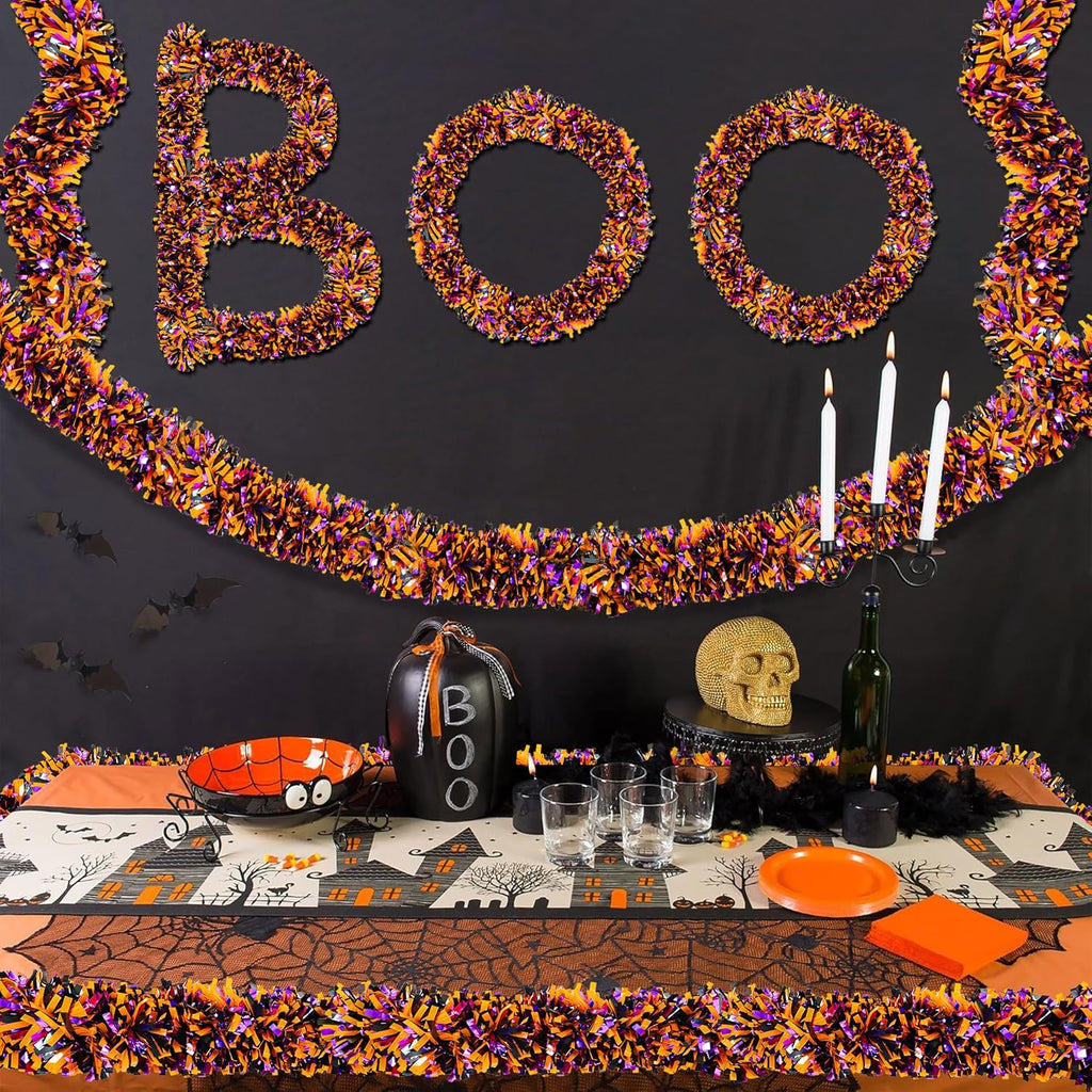 50FT Halloween Decorations Tinsel Garland, Orange Purple Black Shiny Metallic Tinsel Twist Hanging Streamers Garland for Halloween Birthday Home Tree Banister Indoor Outdoor Party Decor Supplies
