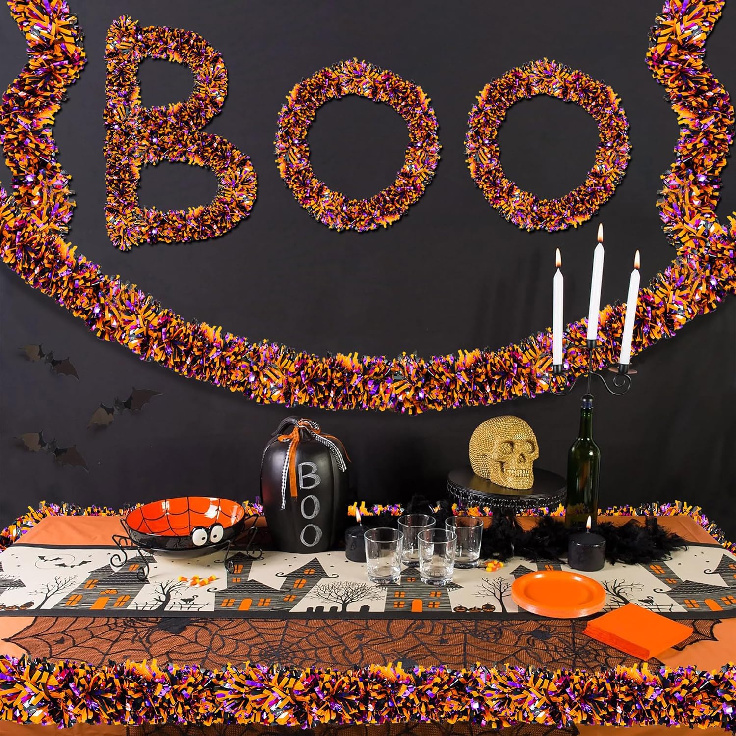 50FT Halloween Decorations Tinsel Garland, Orange Purple Black Shiny Metallic Tinsel Twist Hanging Streamers Garland for Halloween Birthday Home Tree Banister Indoor Outdoor Party Decor Supplies