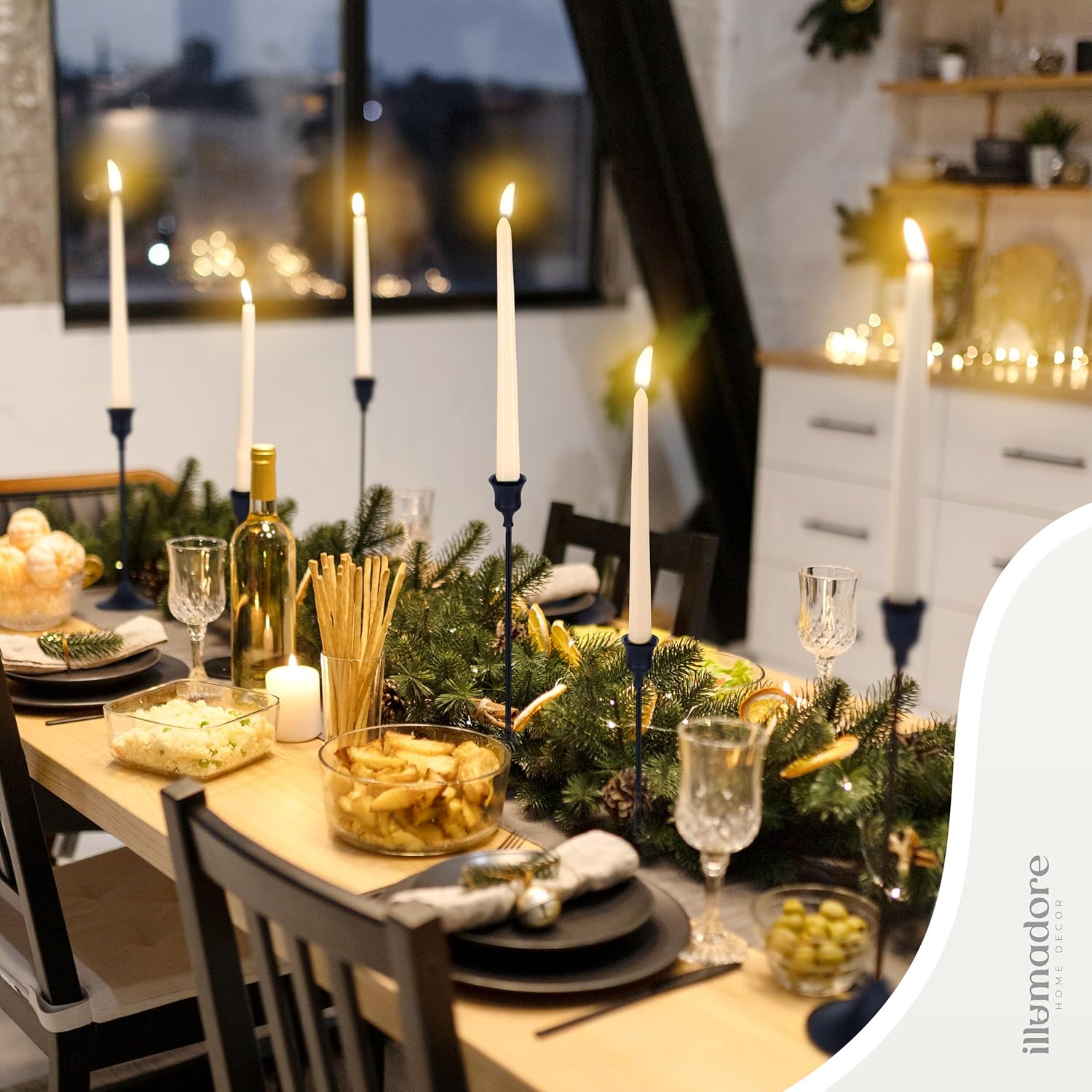 Black Candlestick Holders | Set of 6 | Metal with Matte Finish | 3 Different Sizes | Taper Candles Included | Decorative Centerpiece for Wedding, Christmas, Fireplace Mantel, Dining Table