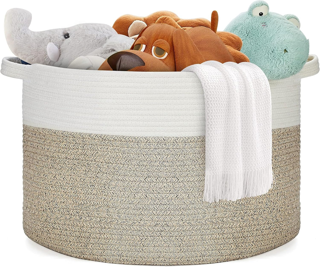 Ravinte Blanket Basket - 20"x 20"x 13" Cotton Rope Basket for Living Room, Baby Toy Storage Basket, Large Woven Laundry Basket (White-Light Brown)