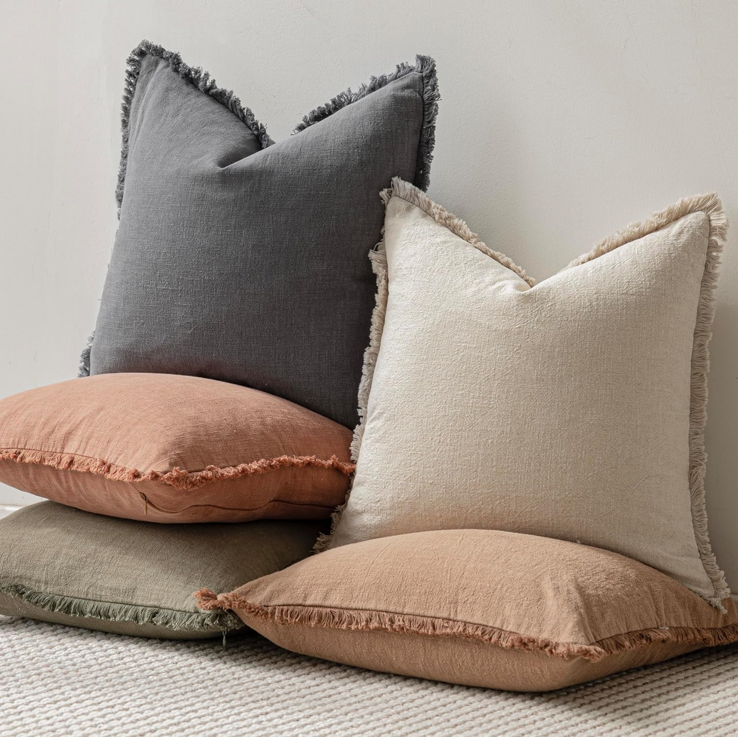 Foindtower Set of 2 Decorative Linen Fringe Throw Pillow Covers Cozy Boho Farmhouse Cushion Cover with Tassels Soft Accent Pillowcase for Couch Sofa Bed Living Room Home Decor, 16×16 Inch, Gray