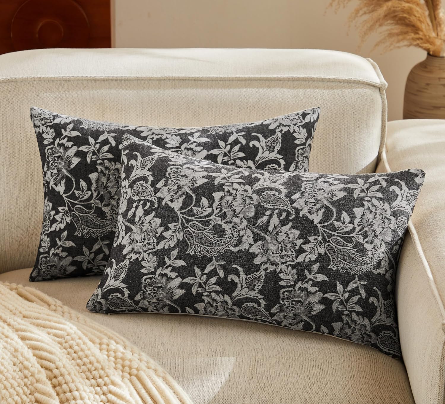 Floral Jacquard Lumbar Throw Pillow Covers Set of 2, Background/Charcoal 12x20 Inch, Farmhouse Decorative Cotton Dark Grey Cushion Covers for Sofa Bed Living Room Home Decor