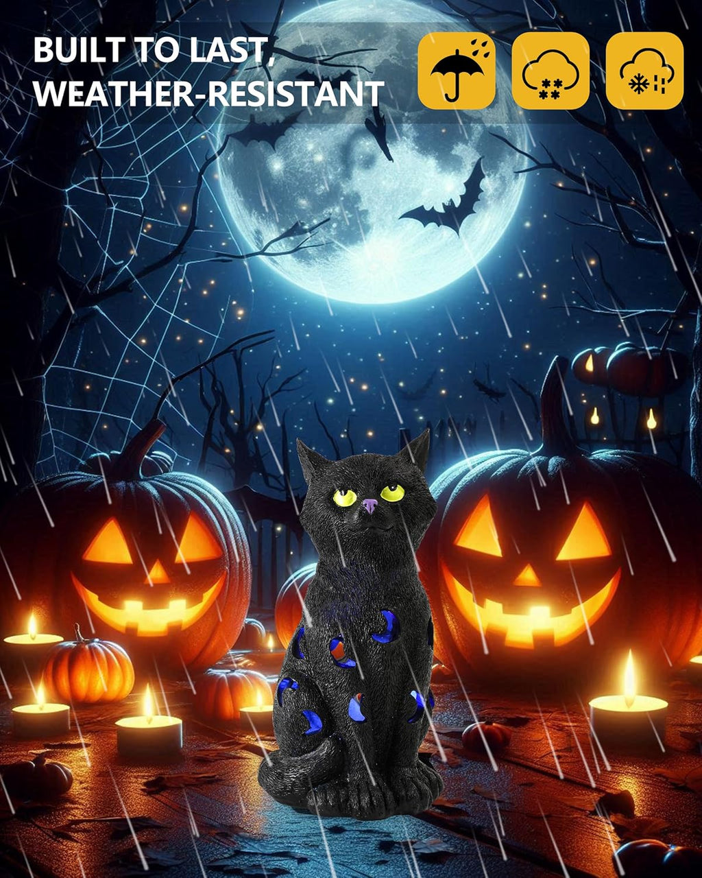 Black Cat Decor Halloween Decorations - 7.3'' Tall Resin Figurine with Moon Cutouts Color-Changing LED Flickering Lights (Halloween Cat)