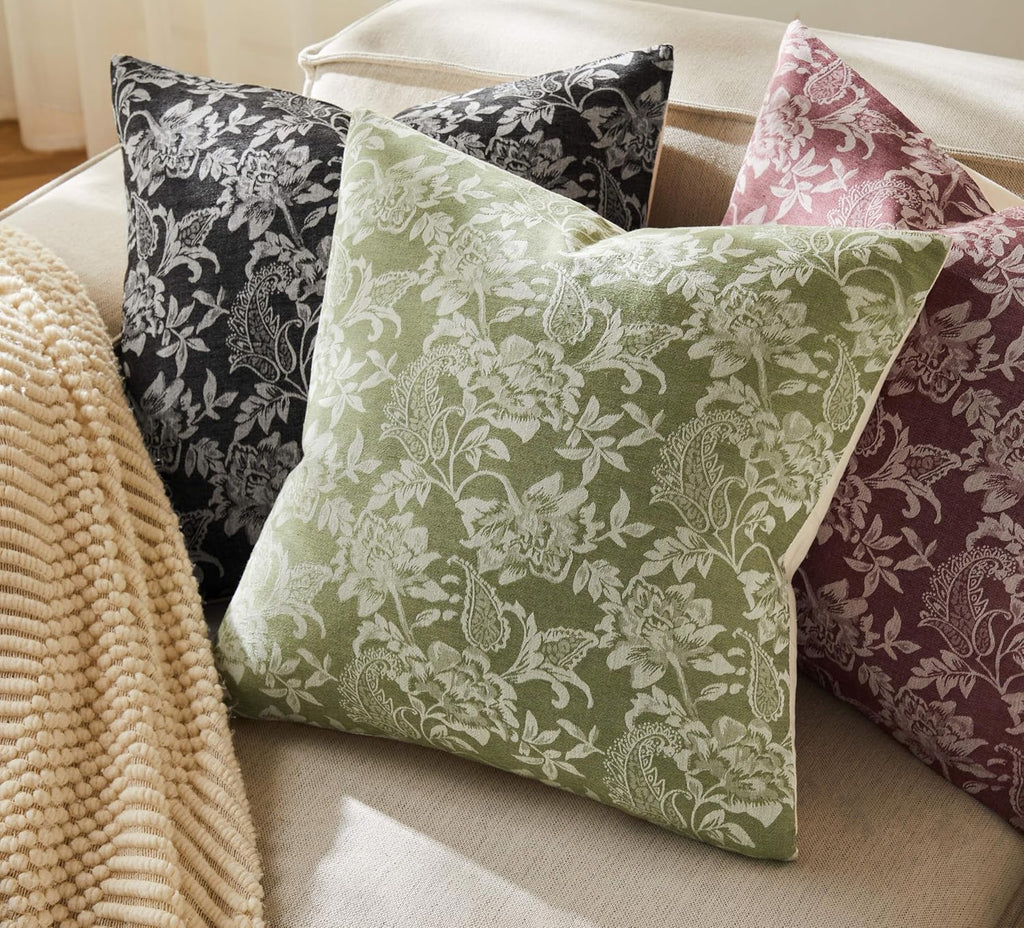 Floral Jacquard Throw Pillow Covers Set of 2, Background/Green 20x20 Inch, Farmhouse Decorative Cotton Sage Green Cushion Covers for Sofa Bed Living Room Home Decor