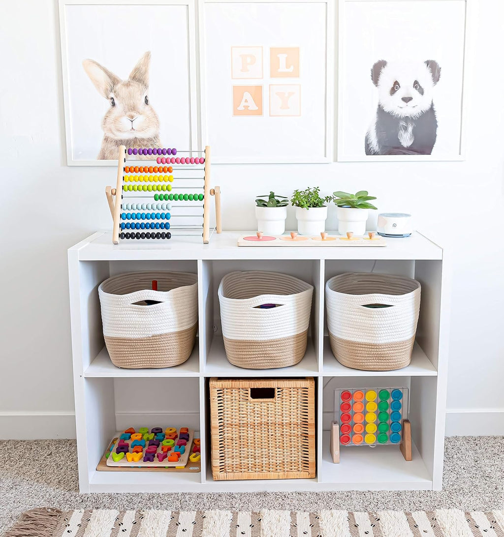 OrganiHaus Woven Storage Baskets for Organizing, Cotton Rope Organizer Bins for Shelves, Closet & Nursery, Dog Toy Basket, Decorative Bins for Toys, Towels & Books - 15x10x9, Honey/Off-White