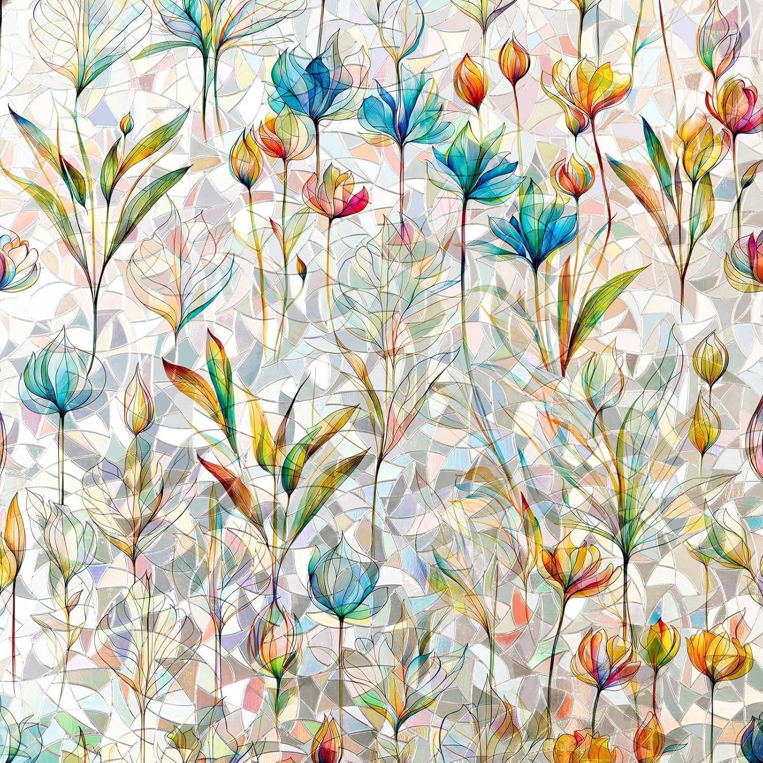 Rainbow Window Privacy Film 3D Floral Decorative Stained Glass Window Film Anti UV Non-Adhesive Reusable 17.5" x 157.4" for Home Room Car Glass Cling
