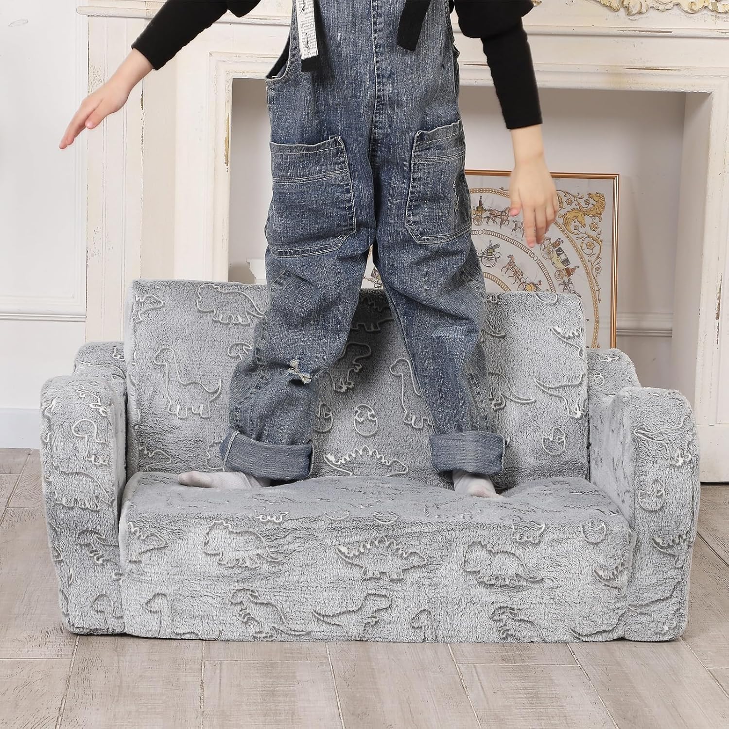 Kids Extra Wide Glow in The Dark Chairs for Toddler, 2-in-1 Toddler Soft Sherpa Couch Fold Out, Convertible Sofa to Lounger for Girls and Boys, Dark Grey