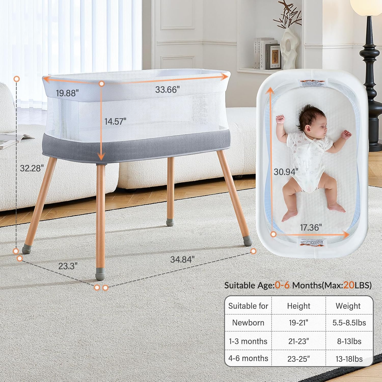 Electric Bassinet for Baby 3 Rocking Speeds, Auto Bedside Sleeper with 8 Soothing Music, Rocking Bassinet for Infant, Grey