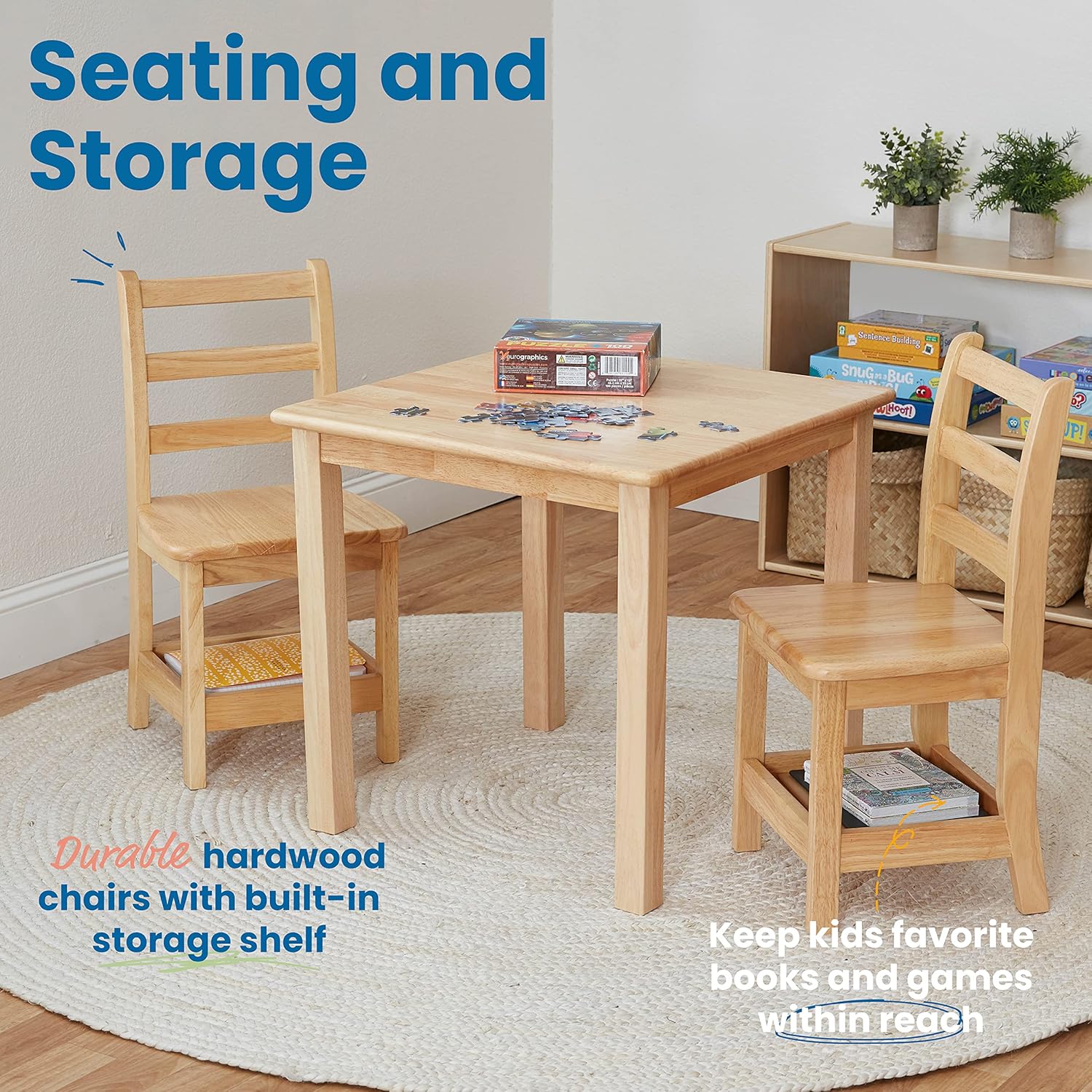 ECR4Kids Three Rung Ladderback Chair with Storage, 14in Seat Height, Classroom Seating, Honey, 2-Pack