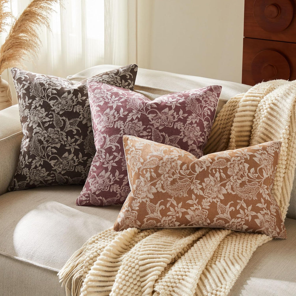 Floral Jacquard Throw Pillow Covers Set of 2, Background/Chocolate 24x24 Inch, Farmhouse Decorative Cotton Dark Brown Cushion Covers for Sofa Bed Living Room Home Decor