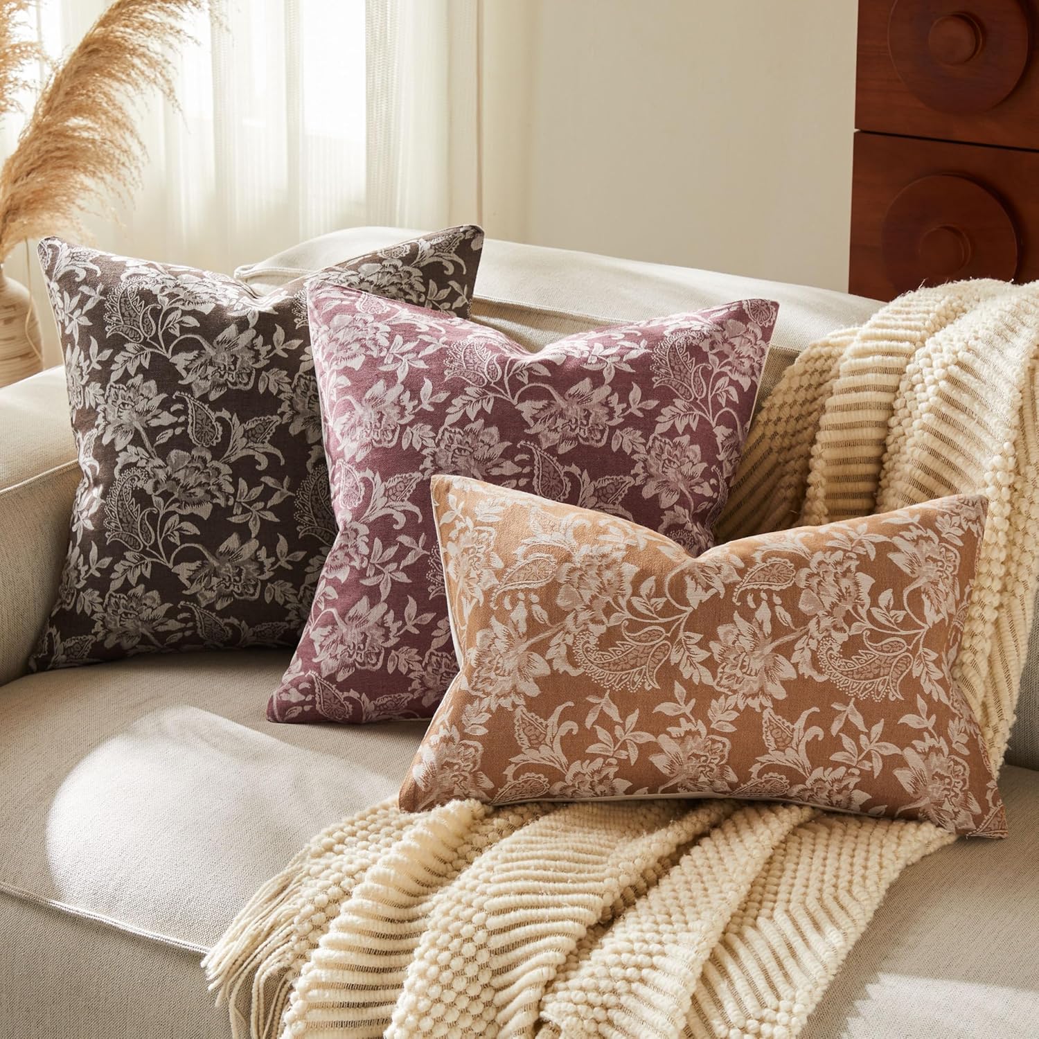 Floral Jacquard Throw Pillow Covers Set of 2, Background/Chocolate 16x16 Inch, Farmhouse Decorative Cotton Dark Brown Cushion Covers for Sofa Bed Living Room Home Decor