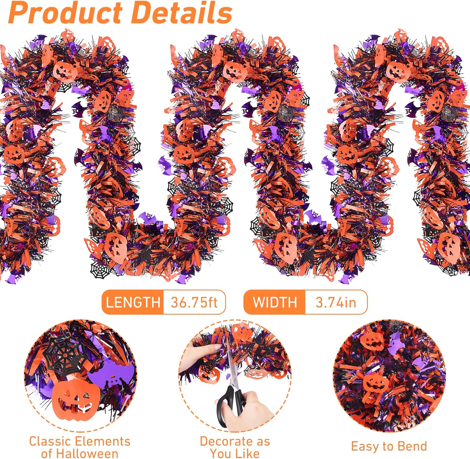 Halloween Tinsel Garland Decorations, 36.75 Ft Shiny Metallic Halloween Hanging Decorations with Pumpkin Bat Spider Web, Purple and Orange Tinsel Garland for Outdoor Indoor Home Tree Party Decor