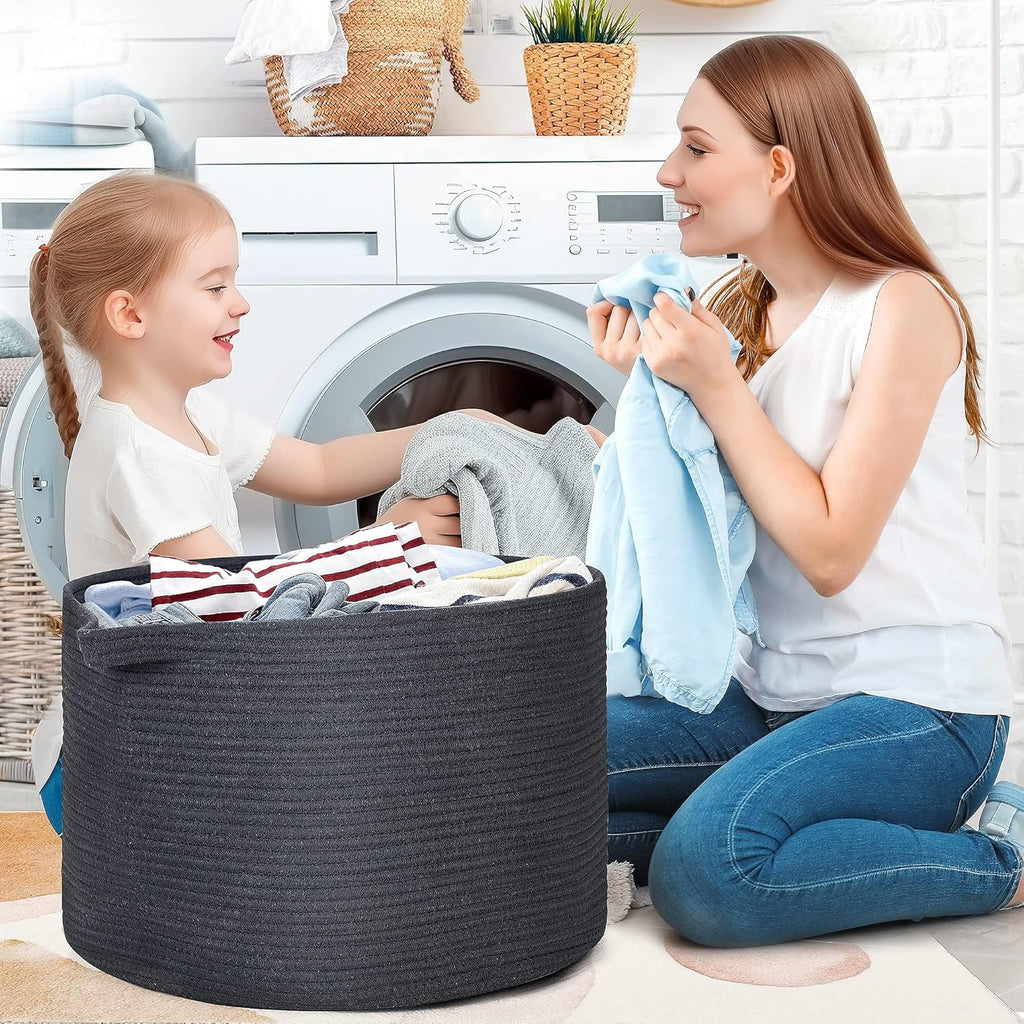 Ravinte Blanket Basket - 20"x 20"x 13" Cotton Rope Basket for Living Room, Baby Toy Storage Basket, Large Woven Laundry Basket (Black)