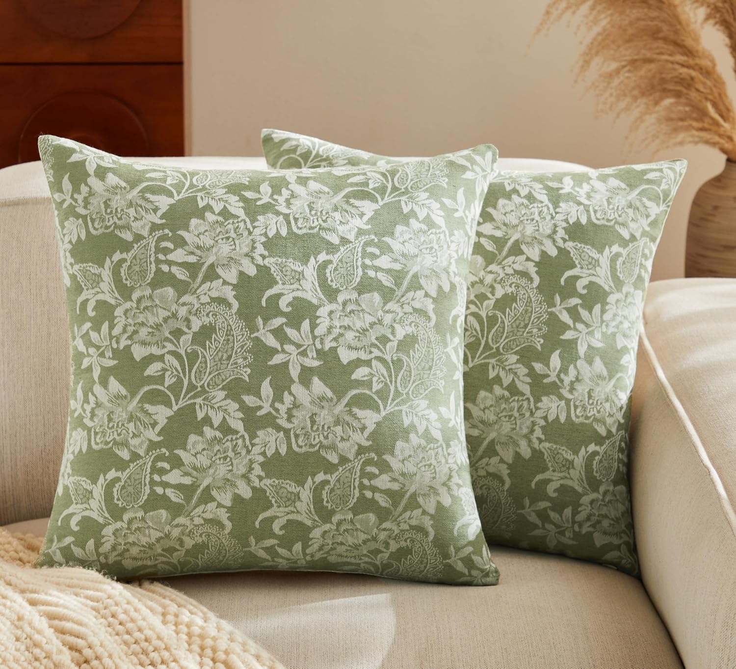 Floral Jacquard Throw Pillow Covers Set of 2, Background/Green 22x22 Inch, Farmhouse Decorative Cotton Sage Green Cushion Covers for Sofa Bed Living Room Home Decor