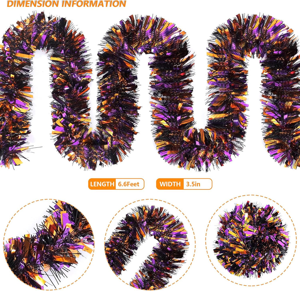 SAOROPEB 4 Pieces 26.4 Ft Halloween Tinsel Garland Metallic Shiny Twist Garland Hanging Decorations for Halloween Party Indoor and Outdoor Decor - Black Orange and Purple