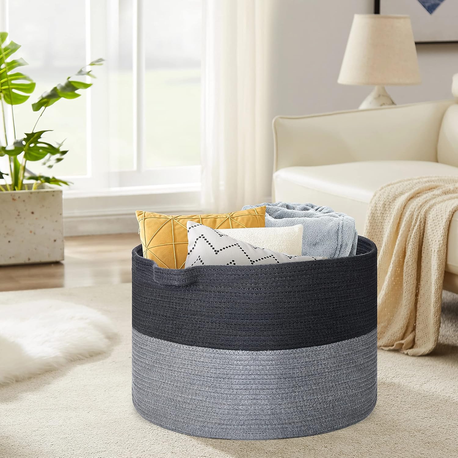 Ravinte Blanket Basket - 20"x 20"x 13" Cotton Rope Basket for Living Room, Baby Toy Storage Basket, Large Woven Laundry Basket (Black-Gray)