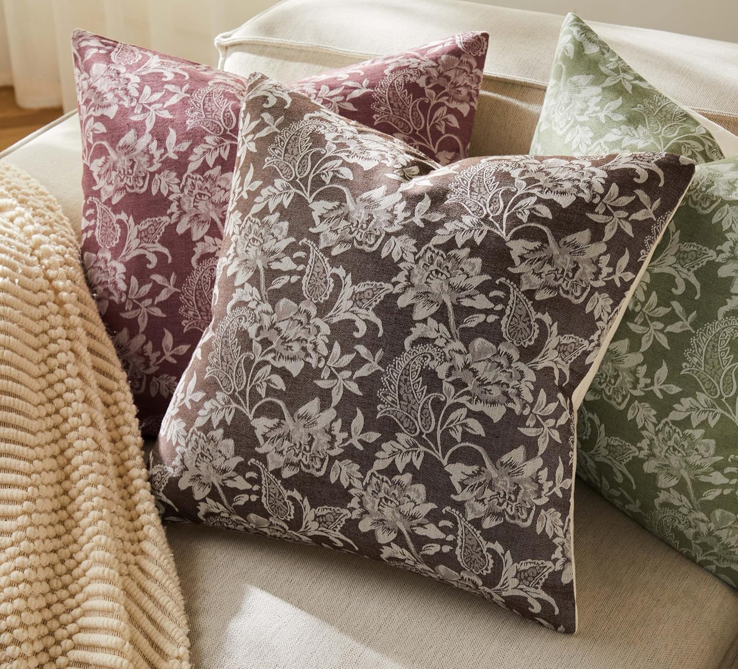 Floral Jacquard Throw Pillow Covers Set of 2, Background/Chocolate 16x16 Inch, Farmhouse Decorative Cotton Dark Brown Cushion Covers for Sofa Bed Living Room Home Decor